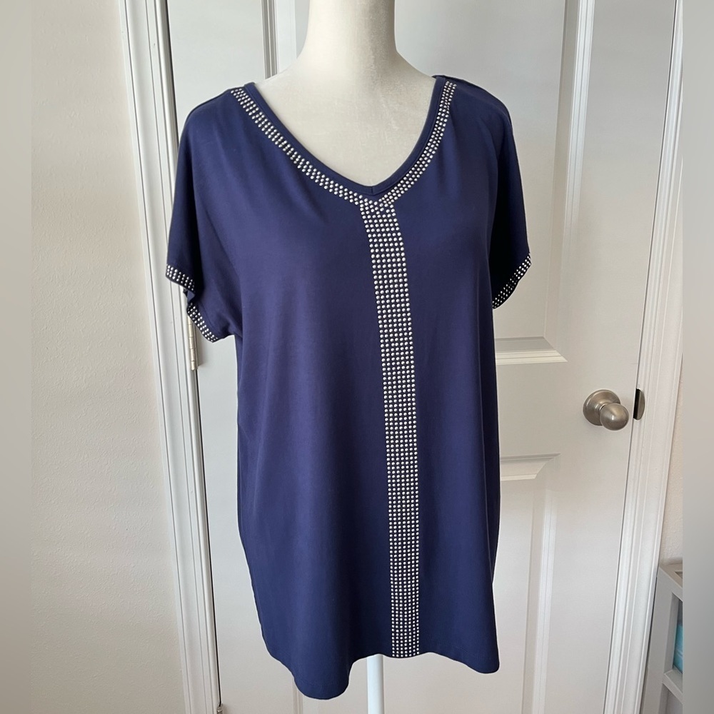 Gloria Vanderbilt Women's Opal Blouse Medium Blue Beaded Top Viscose Soft Shirt